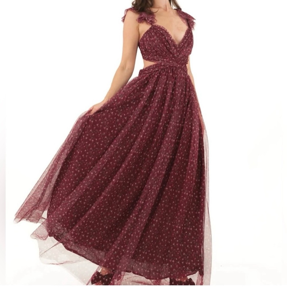 🎀 🤎  Elegant Burgundy Tie-Back Chiffon Evening Gown